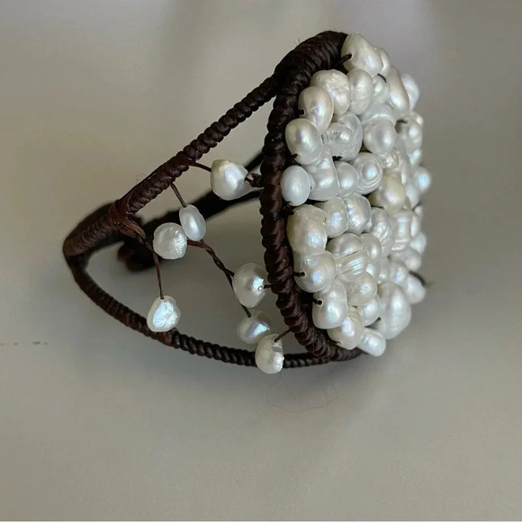 Freshwater Pearl Embroidered Bracelet Fiber Wrapped and Pearl Covered Statement - Picture 9 of 11